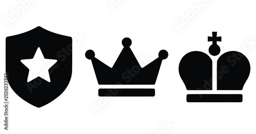 Fotografi Black silhouettes of shield with star crown and bishop s mitre on a white backgr