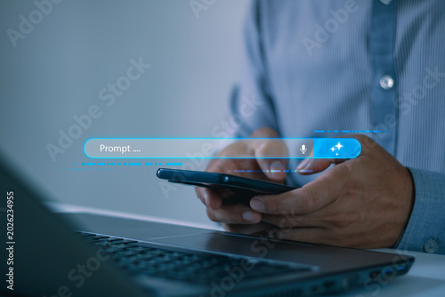 Generative AI prompt interaction. Concept of artificial intelligence, chatbot query and digital assistant technology. Businessman using a smartphone with a futuristic AI prompt search bar interface.