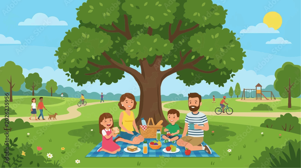 Naklejka premium 2D Flat Vector Family enjoying a sunny picnic in a park with a playground and people cycling