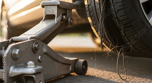 Close-up of a car's flat tire being lifted by a jack, highlighting the need for vehicle maintenance