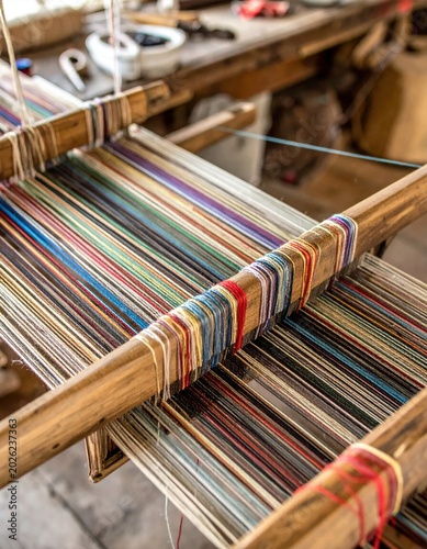 Traditional wooden loom weaving colorful fabric with textile threads, handcrafted textile arts, handmade manufacturing, artisanal clothing production