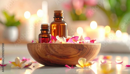 Amber essential oil bottles in wooden bowl with flower petals, aromatherapy spa background, wellness treatments, relaxation, holistic health, calm atmosphere