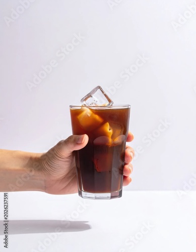 Hand holding a glass of refreshing iced americano, chilled coffee beverage with ice cubes, summer drink, caffeine energy, caf? culture