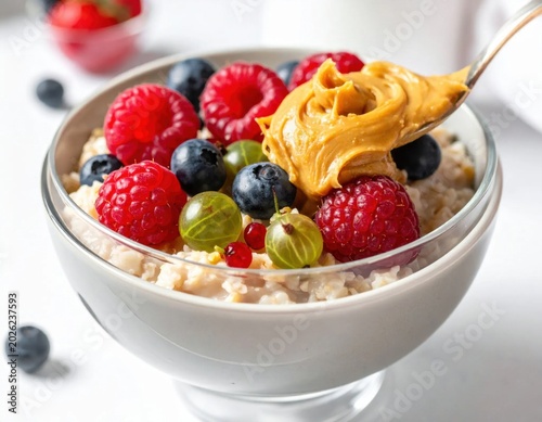 Bowl of healthy oatmeal porridge topped with fresh raspberries, blueberries and peanut butter, nutritious breakfast for diet and wellness
