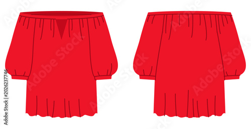 Fotografía Red off shoulder peasant top with elastic neckline, gathered bodice short sleeves with relaxed loose silhouette and soft volume