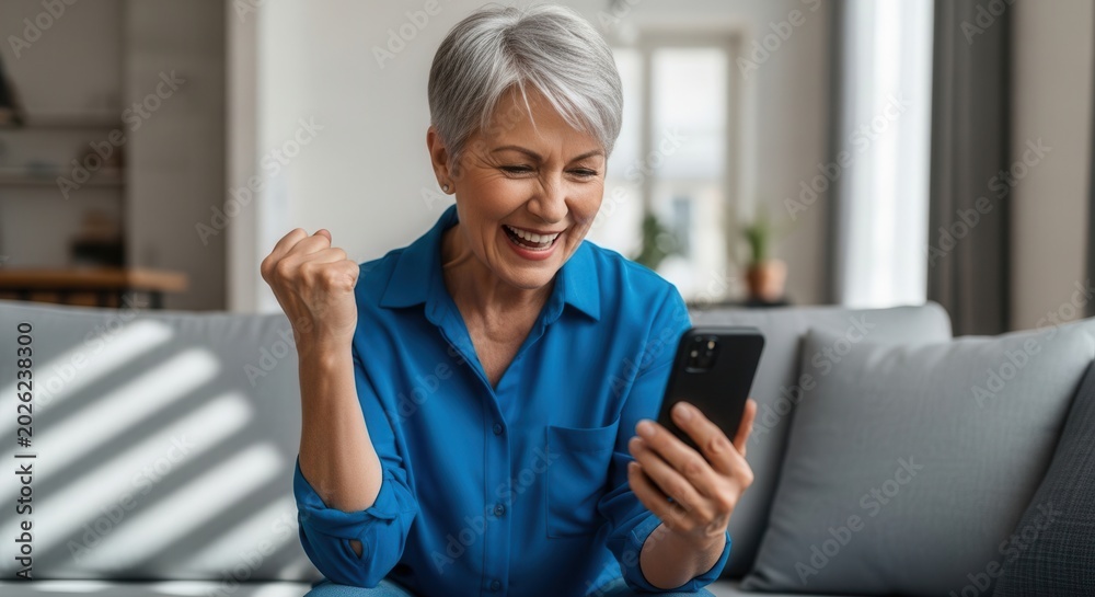 Fototapeta premium Happy older woman celebrates good news on her phone
