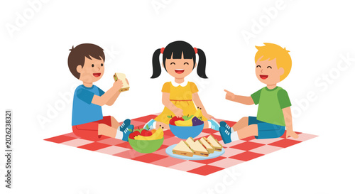 Three happy children enjoy a joyful picnic on a red checkered blanket, sharing sandwiches and fresh fruit in this bright vector illustration.