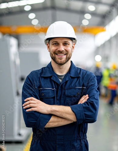 Smiling factory worker in white hard hat and blue coveralls, arms crossed, industrial workshop interior, manufacturing and safety concept