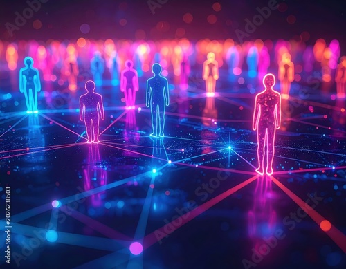 Neon human figures on network grid, glowing silhouettes, digital connection and social network concept