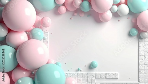 Pastel pink and mint green balloons border frame with copy space, perfect for birthday party celebration, festive event, baby shower invitation