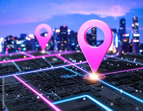 Pink location pin on digital map, city skyline lights, neon grid, business navigation, logistics and delivery route