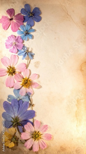 Pressed dried flowers in pink and blue arranged on vintage textured paper background, perfect for wedding invitations, stationery, or botanical scrapbooking
