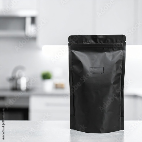 Black matte stand up pouch coffee bag mockup on kitchen counter, packaging branding design, merchandise template, food product display