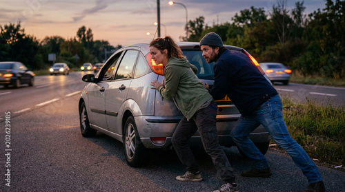 two people are pushing their broken down car.
