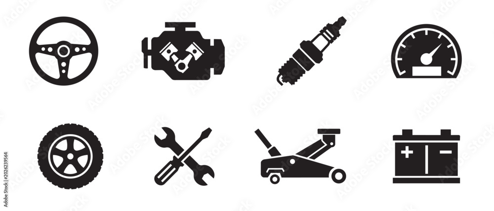 Fototapeta premium Auto repair and car maintenance icon set. Professional black silhouettes for vehicle diagnostics, engine service, tire changes, and garage workshop equipment concepts.