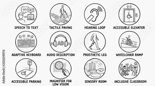 Collection of icons representing accessibility features and inclusive design concepts vector illustration