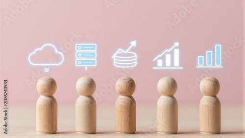 Five wooden figures stand before glowing tech icons symbolizing