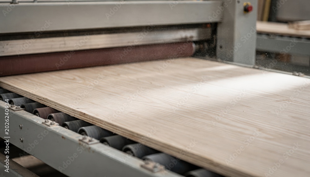 Fototapeta premium Medium shot capturing fine grit sanding on plywood faces by a widebelt sander highlighting the refinement and smooth finish of the wood surface.