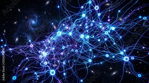 Abstract neural network glowing with blue and purple light against a cosmic galaxy background