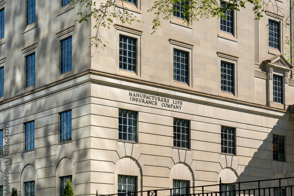 Fototapeta premium Toronto, Canada - May 18, 2026: Headquarters of Manulife Financial Corporation on Bloor Street East in Toronto, Canada. Manulife Financial Corporation is a Canadian multinational financial services p