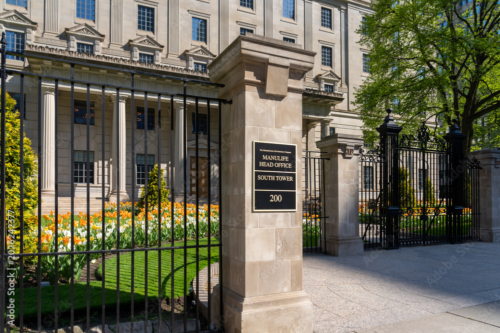 Fototapeta premium Toronto, Canada - May 18, 2026: Headquarters of Manulife Financial Corporation on Bloor Street East in Toronto, Canada. Manulife Financial Corporation is a Canadian multinational financial services p