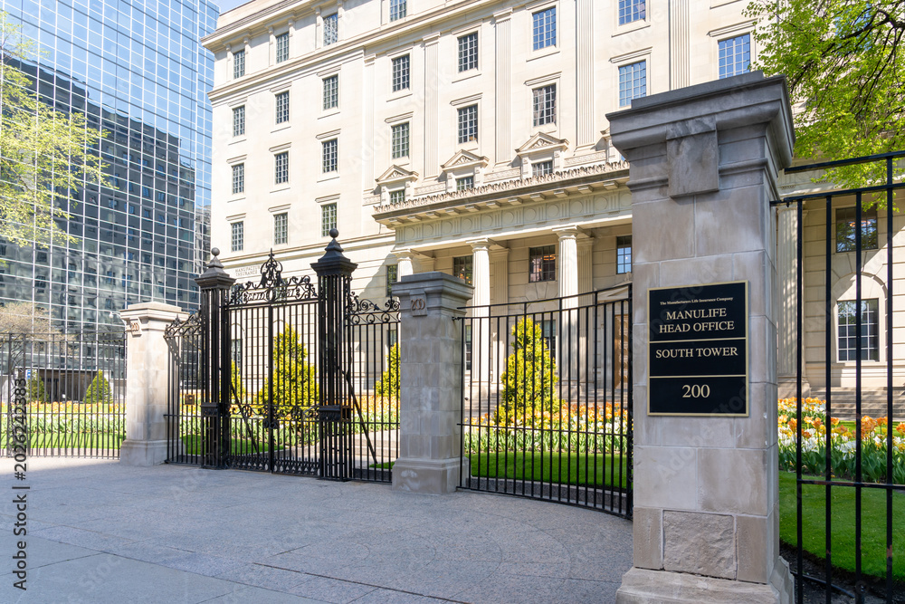 Fototapeta premium Toronto, Canada - May 18, 2026: Headquarters of Manulife Financial Corporation on Bloor Street East in Toronto, Canada. Manulife Financial Corporation is a Canadian multinational financial services p
