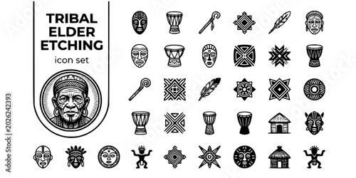 Foto Tribal Elder Etching Black White-Ceremonial Marking Headdress Wisdom-Cultural Hu