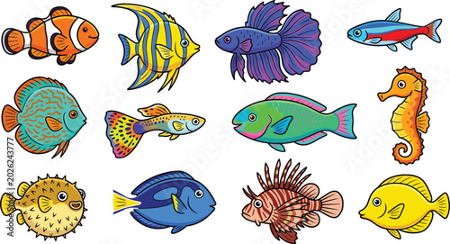 Cuadro en lienzo Colorful Tropical Fish Vector Set with Clownfish, Angelfish, Betta, Guppy, Parro