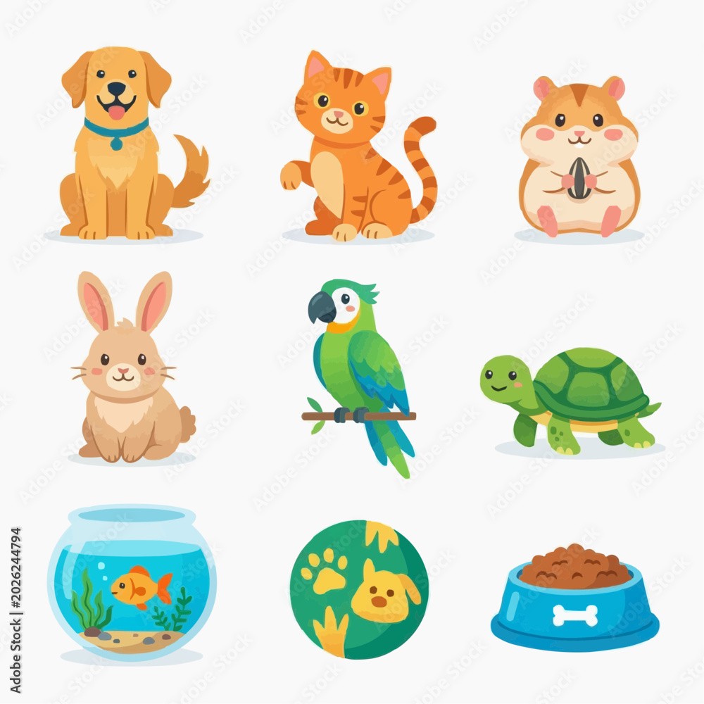Naklejka premium Grid of charming cartoon pets and accessories: dog, cat, hamster, bunny, parrot, turtle, fish, paw, food bowl.