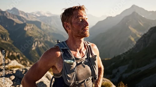 Exhausted male trail runner resting in mountains at sunset