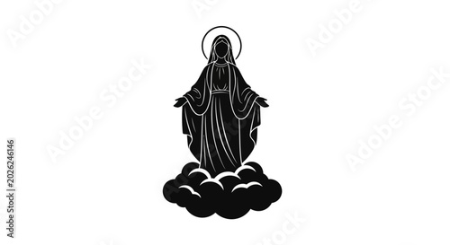 Canvastavla Virgin Mary silhouette stands with open arms upon a cloud formation in this symbolic religious illustration depicting grace and divine presence