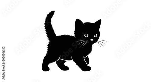 Slika na platnu Kitten silhouette stands in a curious walking pose with its tail raised high to show the innocence and natural charm of a young domestic cat on a stark white background for design use