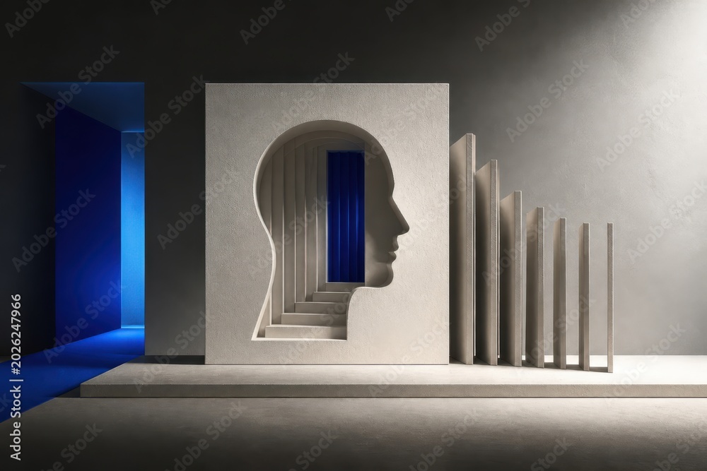 Fototapeta premium Minimal abstract architectural installation with blue light and human head silhouette cutout in a modern interior space