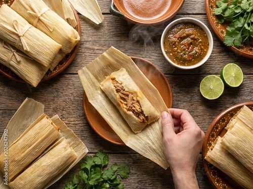 Overhead view of a person unwrapping a delicious tamale on a rustic wooden table, surrounded by more tamales, salsa, cilantro, and lime halves.