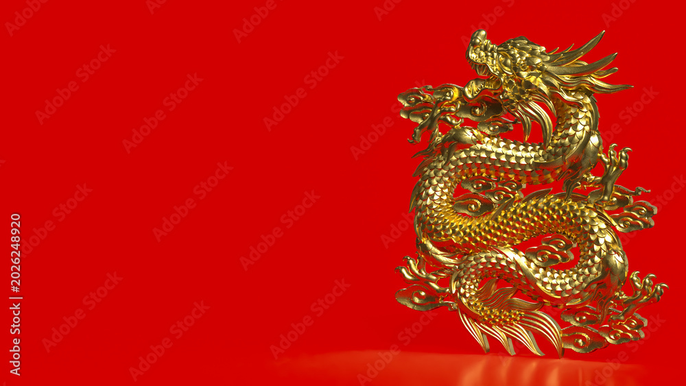 Fototapeta premium Golden Chinese Dragon On Red Background 3d render.