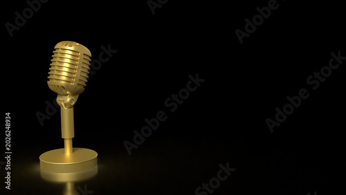 Golden Retro Microphone On Dark Stage 3d render.