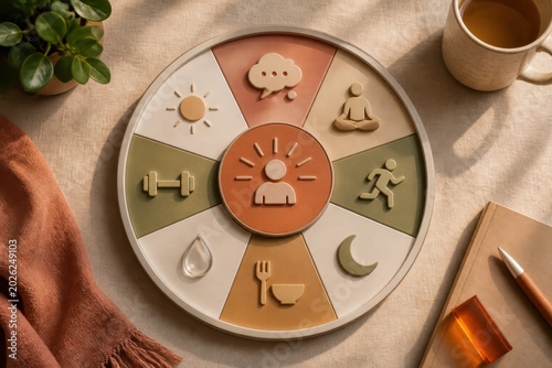 Wellness balance concept with circular lifestyle icons for health fitness mindfulness and daily routine planning