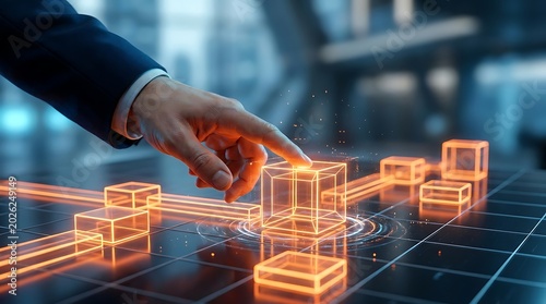 Businessman's hand interacts with glowing futuristic holographic cubes and data streams, visualizing digital transformation and innovative technology solutions.