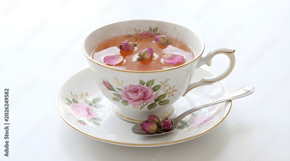 Fototapeta premium Elegant porcelain teacup with herbal rose tea served on a matching saucer