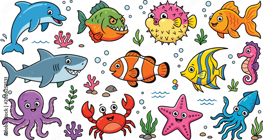 Obraz premium Cute Cartoon Sea Animals Vector Set with Dolphin, Shark, Clownfish, Angelfish, Goldfish, Seahorse, Octopus, Crab, Starfish, Pufferfish, and Squid for Underwater Illustrations