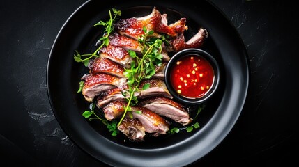 Overhead shot of roasted duck with herb garnish and chili sauce on a dark plate