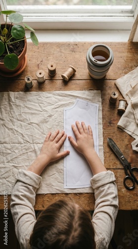 A child places hands on a garment pattern over linen fabric. This scene evokes a nostalgic mood of learning traditional crafts at home. Perfect for lifestyle and educational articles.