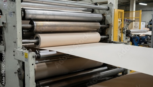 Medium shot of multinip calendar stack sequentially smoothing dry board surface optimizing flatness and preparing it for highquality coating applications.