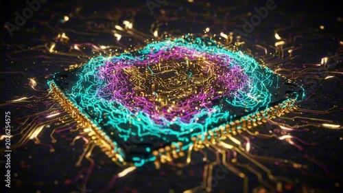 A squareshaped circuit board glows with cyan pink and gold light with radiating circuit traces