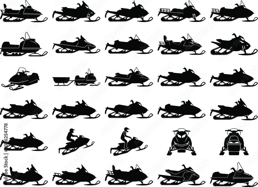 Fototapeta premium Snowmobile Silhouette Icons Set - Black Vector Collection 