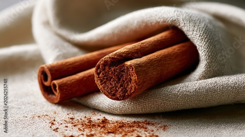 Macro shot of a single cinnamon stick snapped in half on light beige linen fabric. Rough fibrous break point in sharp focus with scattered fine cinnamon powder particles on the textile weave