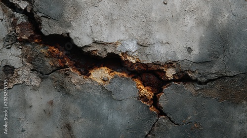 Close-up of a raw brutalist concrete wall with a deep jagged crack and exposed rusted steel rebar inside. Water seepage stains and dark traces on the grey rough surface
