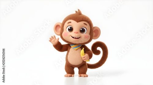 Cute 3D animated cartoon monkey waving hand and holding banana on white background