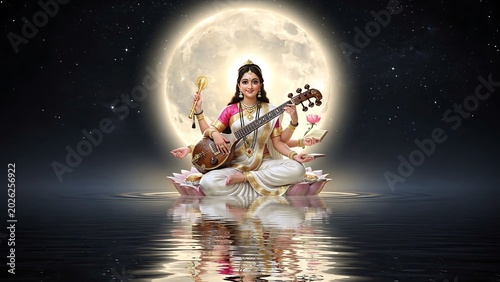 Hindu goddess Saraswati playing veena under moonlight.