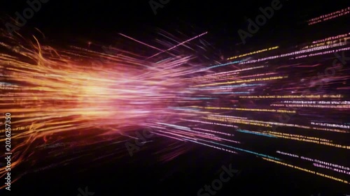A vibrant converging array of light streaks intersects with lines resembling faded code all set against a dark background